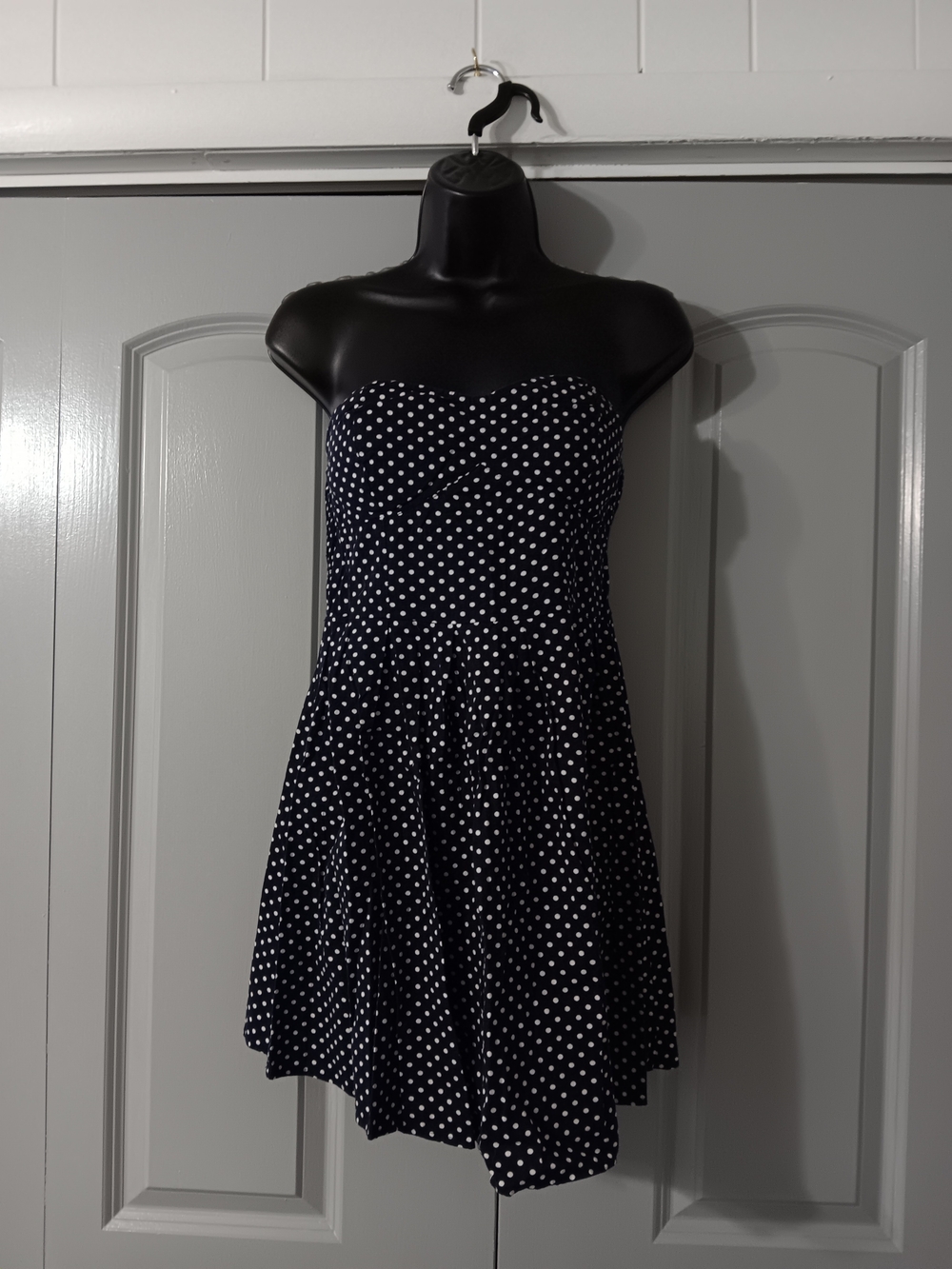 Say What? Navy and White Polka Dot Strapless Dress